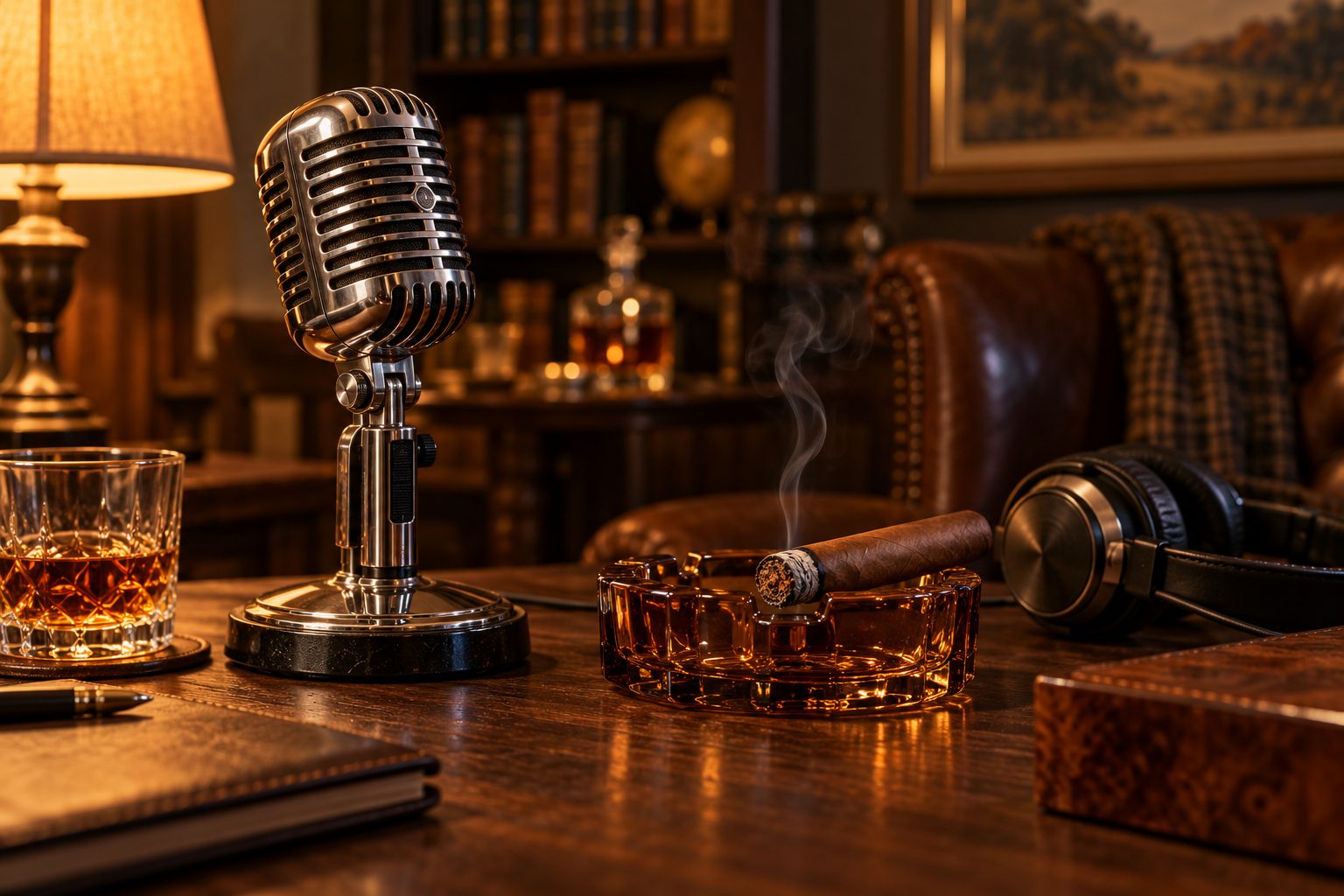 A vintage microphone, headphones and a resting cigar in an amber glass ashtray on a wooden desk