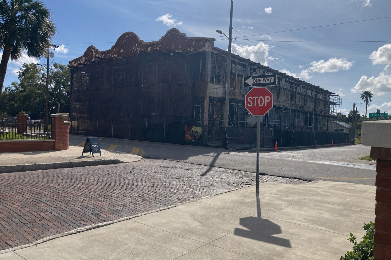 The Sanchez y Haya building in November 2024, wrapped in scaffolding